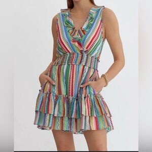 Entro Fiesta Stripe Sleeveless Ruffle Dress Ruched Waist Colorful Women’s Large